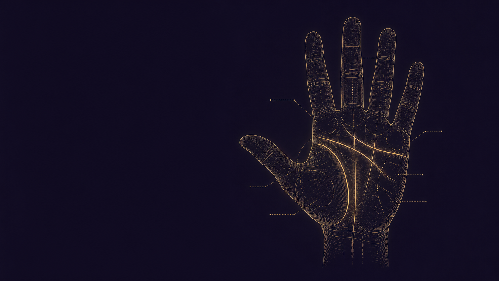 Illustrated palm map with highlighted palmistry lines and mount regions