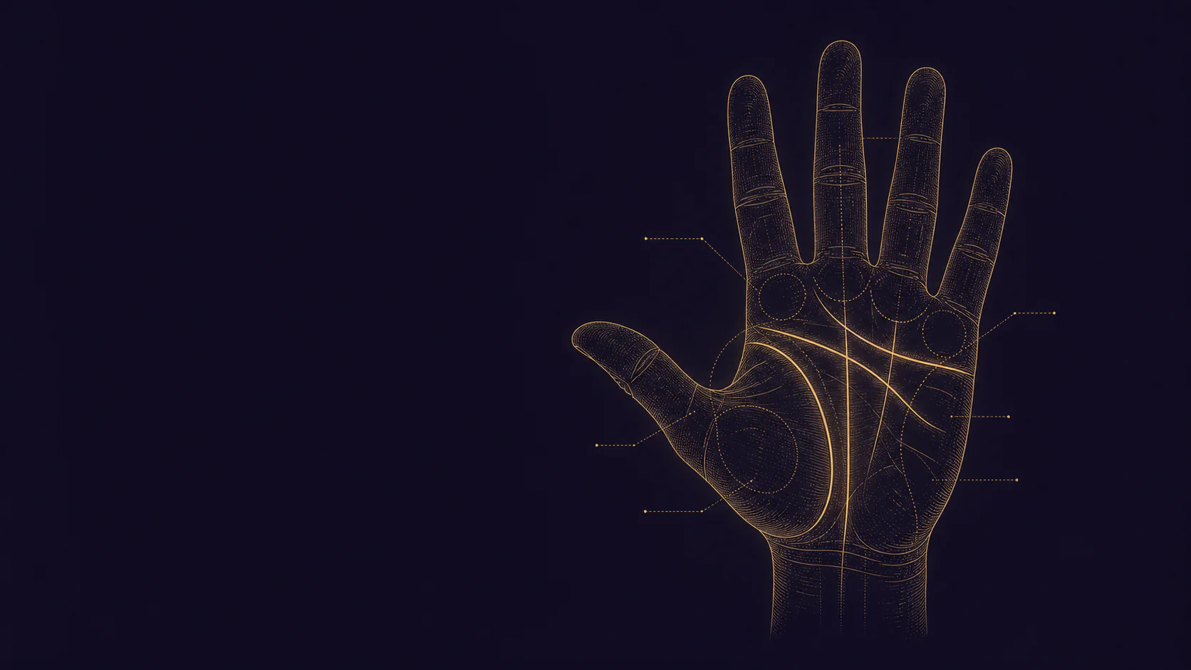 Illustrated palm map with highlighted palmistry lines and mount regions