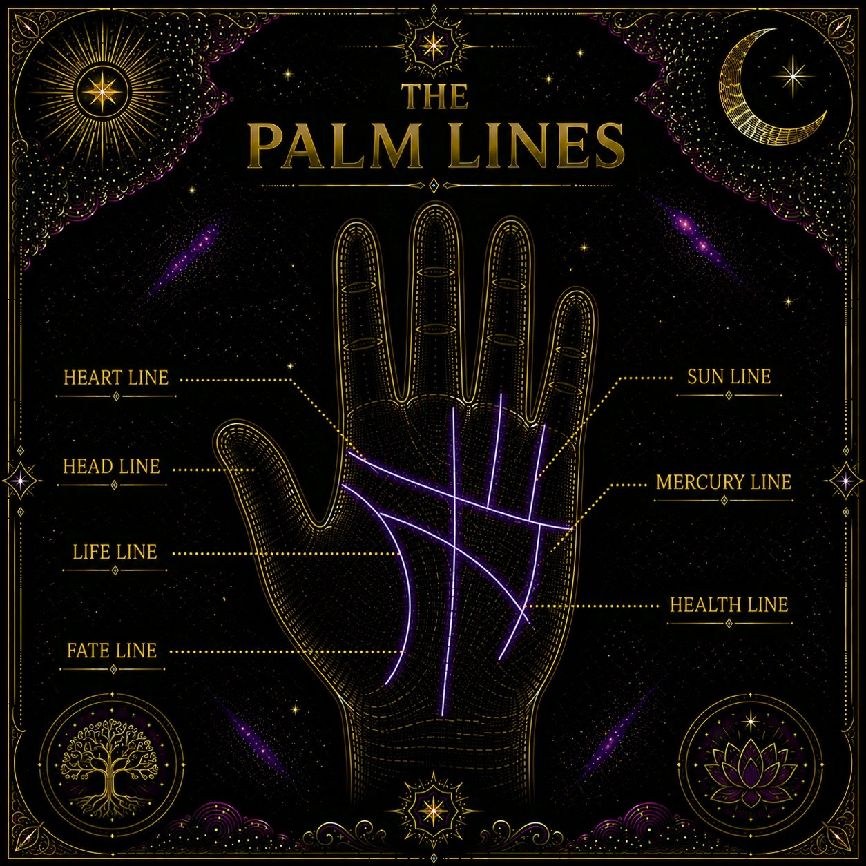 Illustration: a palm facing upward with four lines clearly labeled — the heart line running horizontally near the top of the palm, the head line running horizontally across the middle, the life line arcing around the base of the thumb, and the fate line running vertically up the center from the wrist toward the middle finger. Each label should include the line name in a clean typeface positioned clearly outside the palm outline.