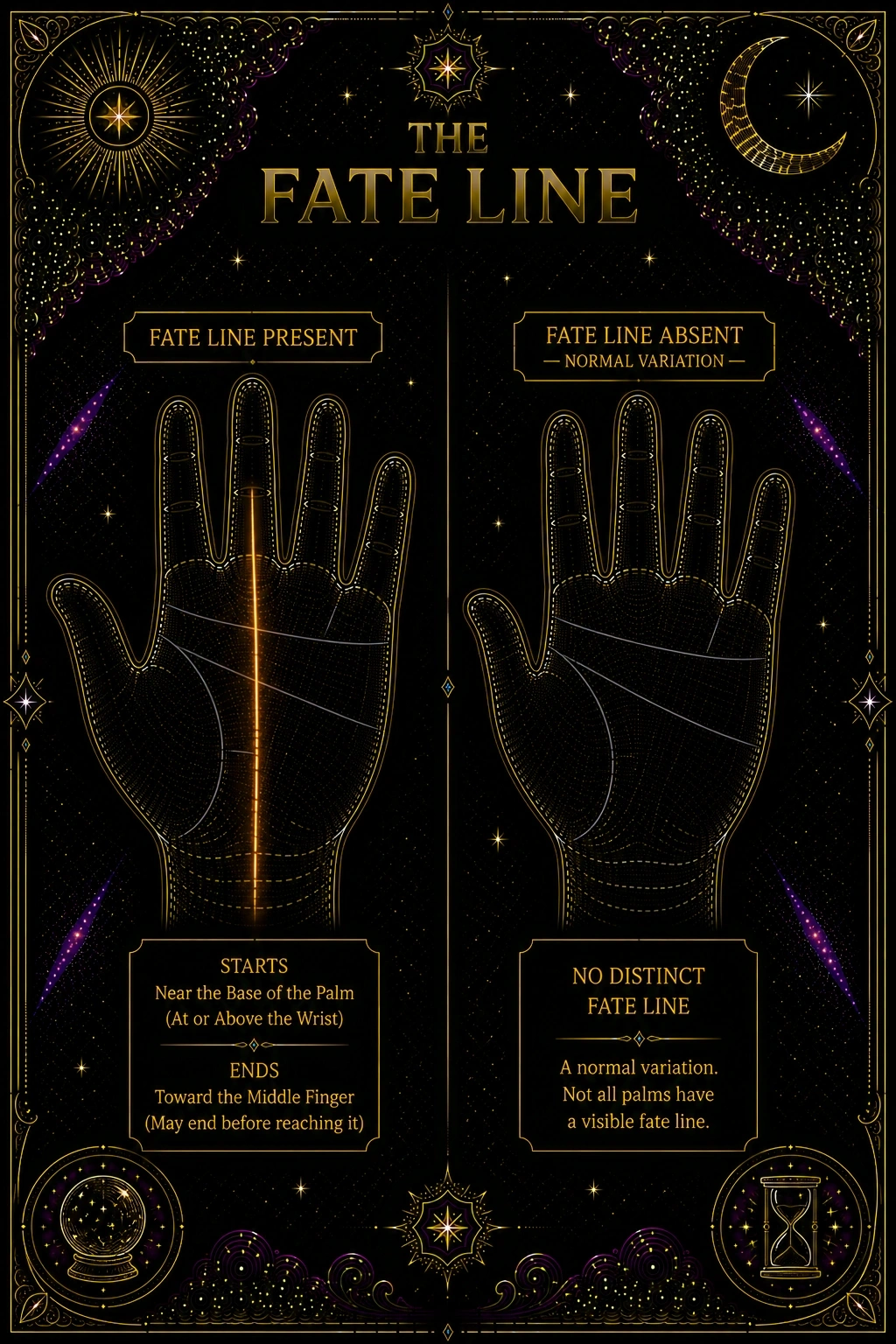 Illustration: a palm with only the fate line highlighted in amber, running vertically from near the base of the palm (wrist area) upward through the center toward the middle finger. Alongside it, a second smaller illustration shows a palm with no fate line visible, with a label reading 'fate line absent — normal variation.' Other lines are shown faintly for spatial reference.