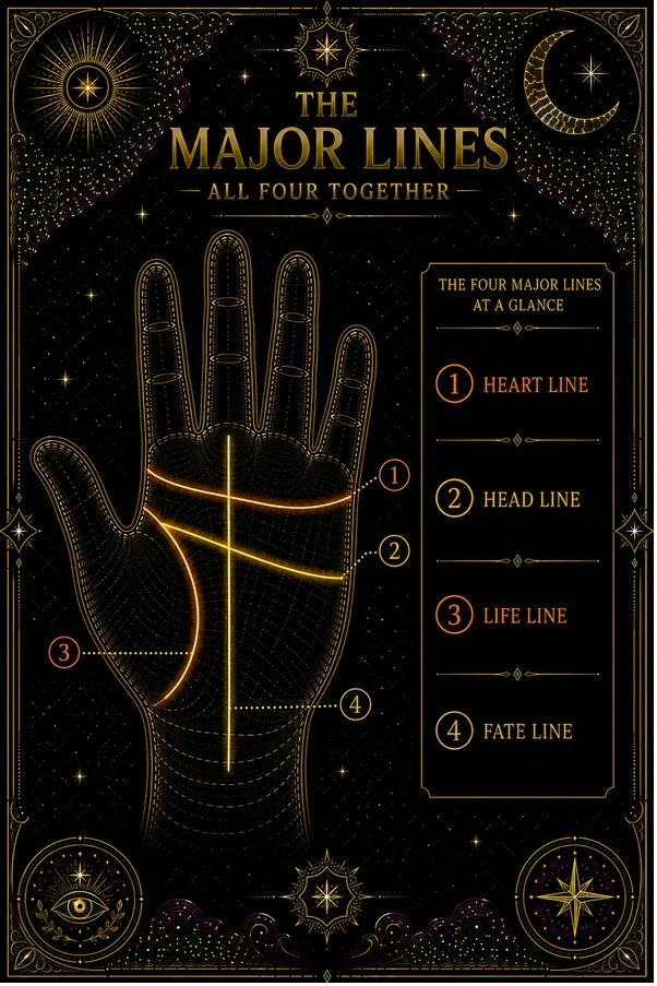 Illustration: a full palm with all four major lines highlighted simultaneously — heart line, head line, life line, and fate line — each in a slightly different shade of gold or amber. Small numbered labels correspond to a legend beside the illustration. The image emphasizes the lines as a spatial system, showing how they divide and cross the palm.