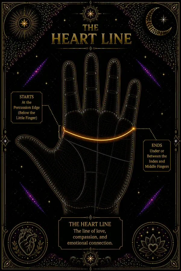 Illustration: a palm facing upward with the heart line highlighted in amber. A bracket or arrow marks the starting point on the percussion edge, below the little finger. A second marker sits at the end of the line in the Jupiter-Saturn zone near the index and middle fingers. A dotted path traces the line's travel across the upper palm. All other lines are shown faintly in gray.