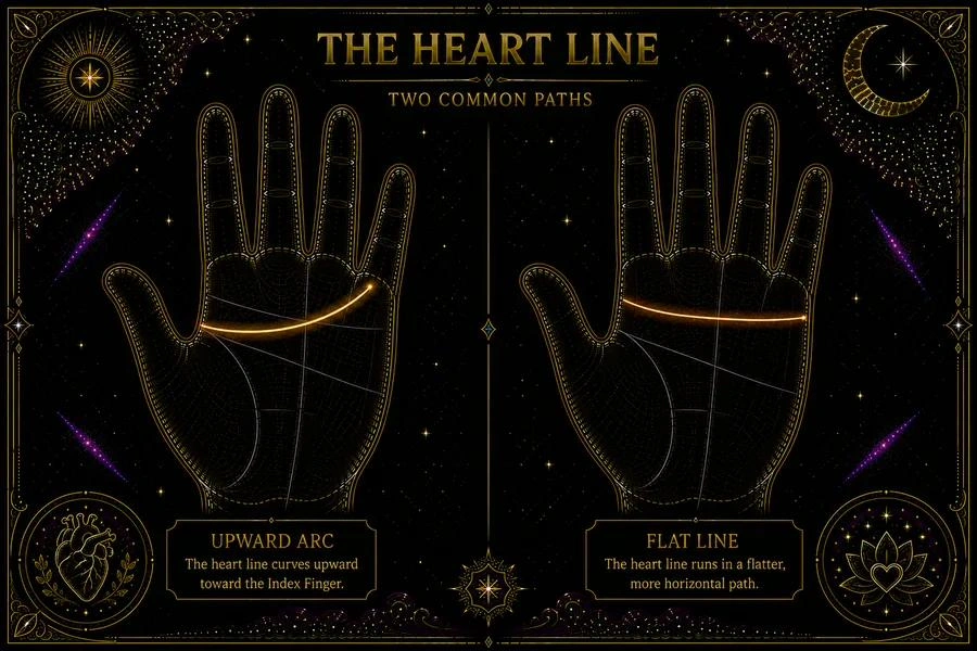 Illustration: two palms side by side. The left palm shows a heart line with a pronounced upward arc curving toward the finger bases. The right palm shows a heart line running relatively straight and horizontal across the upper palm with minimal rise. Both lines are highlighted in amber; all other lines are faint. Labels beneath each palm read 'curved' and 'straight'.