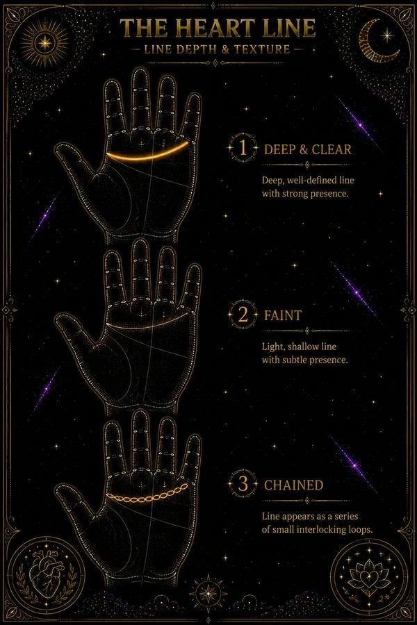 Illustration: three close-up depictions of a heart line segment. The first shows a deep, clearly etched line with confident edges. The second shows a faint, thin line barely visible against the palm. The third shows a chained section — small interlocking loops along the line's course. Each segment is labeled: 'deep and clear,' 'faint,' 'chained.' Lines are shown in amber against a palm-skin background.