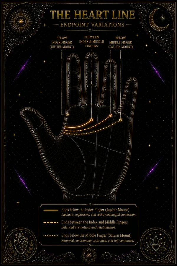 Illustration: a single palm with three overlaid versions of the heart line's endpoint, each ending in a different position. The first ends directly below the index finger (labeled 'Jupiter'). The second ends in the gap between the index and middle fingers (labeled 'Jupiter–Saturn'). The third ends below the middle finger (labeled 'Saturn'). Each endpoint is marked with a distinct symbol. The finger bases are labeled at the top of the palm. Other lines are shown faintly.