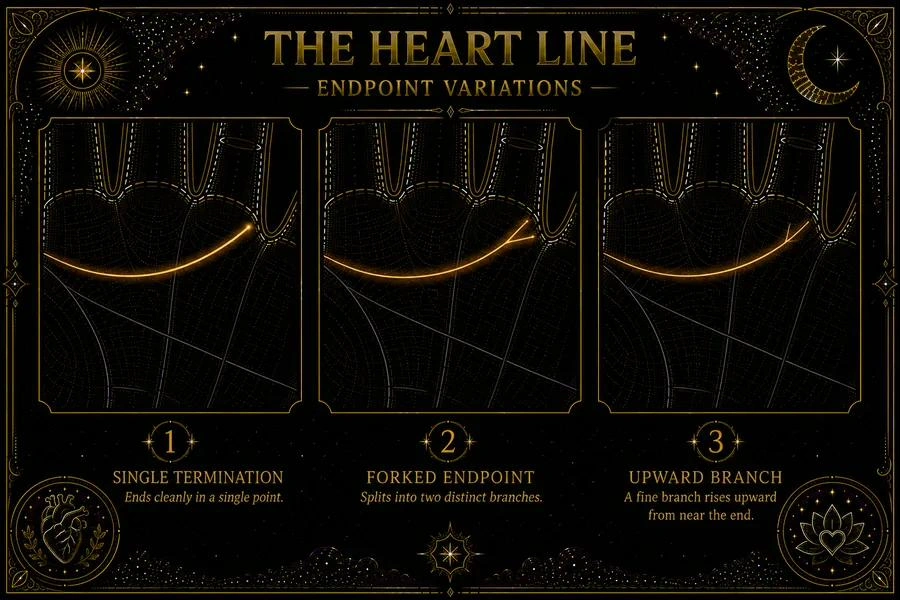 Illustration: three close-up versions of a heart line endpoint. The first shows a clean single termination. The second shows the line forking into two distinct branches as it ends. The third shows a fine upward branch rising from the line toward a finger mount. Each version is labeled: 'clean,' 'forked,' 'upward branch.' Other lines are faint for spatial reference.