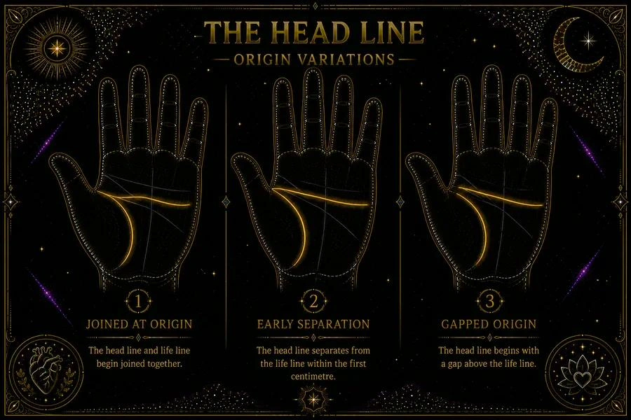 Illustration: three palms side by side, each showing the head line and life line at their origin. The first shows the two lines joined at the start, separating after a short shared section. The second shows the two lines separating very early, almost immediately. The third shows a gap between the head and life lines at their origin — the head line beginning noticeably above the life line's start. All other lines are faint. Each palm is labeled: 'joined,' 'early separation,' 'gap at start'.
