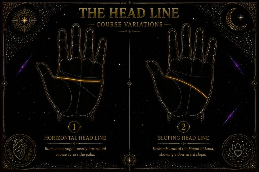 Illustration: two palms. The left palm shows a head line running in a nearly horizontal course across the middle of the palm. The right palm shows a head line that begins at the same origin point but descends visibly as it travels, ending in the lower-outer quadrant of the palm near the mount of Luna. Both lines are highlighted in amber. The endpoint on each is marked. Other lines are faint. Labels beneath each palm read 'straight' and 'sloping'.