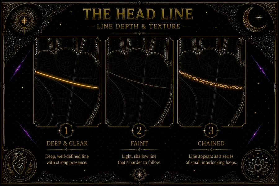 Illustration: three close-up segments of a head line. The first is a deep, cleanly etched line with confident, clear edges. The second is a faint, thin line barely visible. The third shows a chained section — a portion of the line made up of interlocking small loops rather than a single crease. Each is labeled: 'deep and clear,' 'faint,' 'chained.' Shown in amber on a palm-skin background.