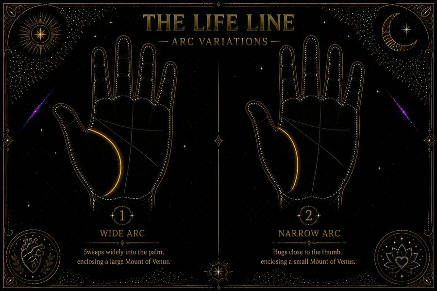 Illustration: two palms side by side. The left palm shows a life line with a wide, generous arc sweeping well into the palm, enclosing a large, prominent Mount of Venus at the base of the thumb. The right palm shows a life line with a narrow arc running close to the thumb, leaving a smaller Mount of Venus. The life line is highlighted in amber on both palms. The Mount of Venus is lightly shaded on each. Labels beneath each palm read 'wide arc' and 'narrow arc'.