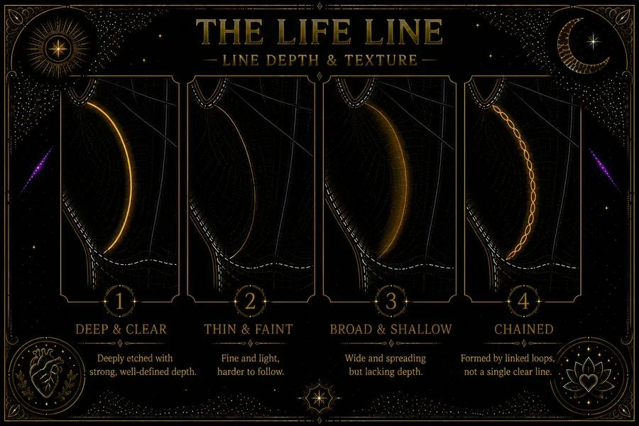 Illustration: four close-up segments of a life line, each showing a different quality. The first is deeply and clearly etched with confident, clean edges. The second is thin and faint, barely visible against the palm. The third is broad and shallow, spreading wide without depth. The fourth shows a chained section — interlocking small loops forming part of the line's course. Each is labeled: 'deep and clear,' 'thin and faint,' 'broad and shallow,' 'chained.' Shown in amber on a palm-skin background.