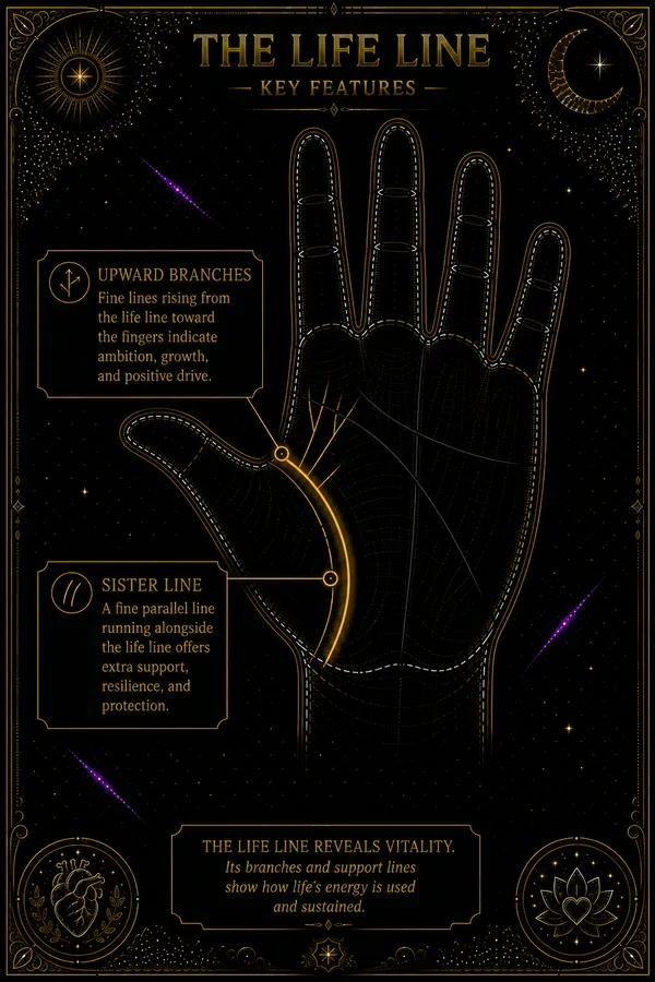 Illustration: a palm showing the life line with two features highlighted. First, fine branches rising upward from the life line mid-descent, labeled 'rising branches.' Second, a parallel sister line running close to the life line on the Mount of Venus side, labeled 'sister line / inner life line.' The main life line is in amber. The sister line is in a lighter amber. Other palm lines are faint. The Mount of Venus is lightly shaded.