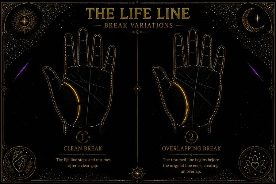 Illustration: two palm segments, each showing a break in the life line. The left segment shows a clean break — a visible gap between where the life line stops and where it resumes, with no overlap between the two sections. The right segment shows an overlapping break — the resuming line begins before the first section has ended, creating a short parallel section. Each is labeled: 'clean break' and 'overlapping break.' Shown in amber on a palm-skin background.