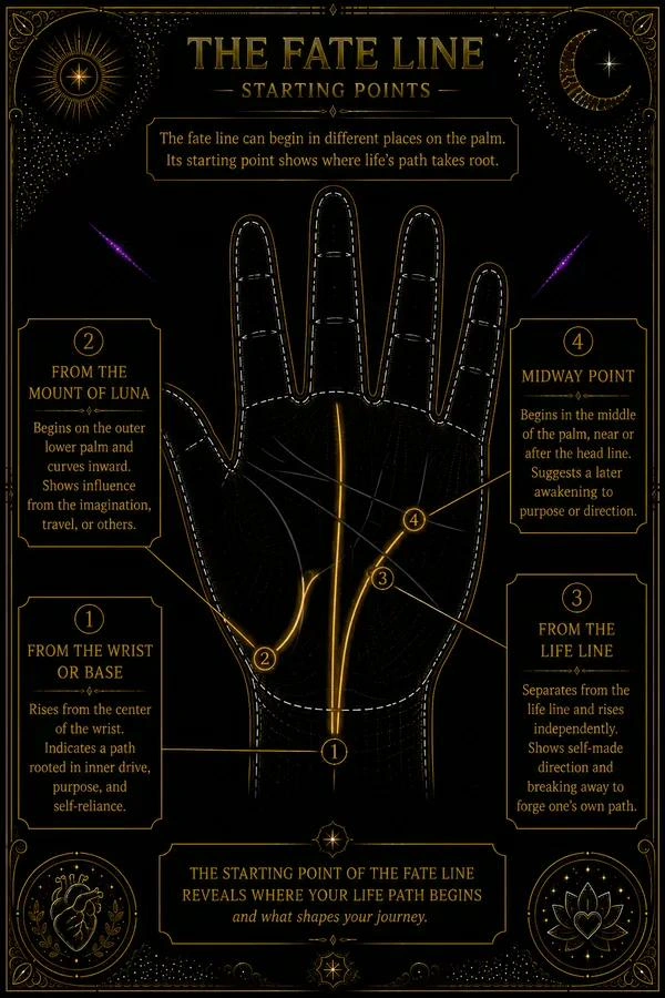 Illustration: a palm showing four possible starting points for the fate line, each traced in amber. The first rises from near the wrist at the base of the palm. The second rises from the Mount of Luna on the outer edge of the lower palm. The third emerges from the life line partway up. The fourth begins mid-palm, well above the wrist. Each starting point is labeled: 'from the base,' 'from Luna,' 'from the life line,' 'late start.' The middle finger at the top of the palm is labeled 'Saturn.' Other palm lines are faint.