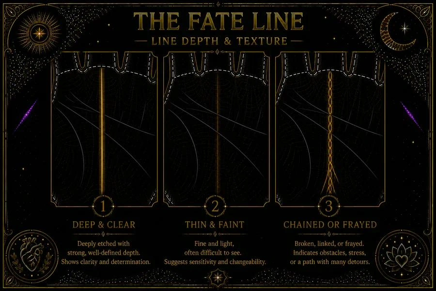Illustration: three close-up segments of the fate line, shown side by side. The first is deeply and clearly etched, with confident clean edges running in a straight vertical line. The second is thin and faint, barely traceable. The third shows a chained section — small interlocking loops forming part of the line's course. Each is labeled: 'deep and clear,' 'faint,' 'chained.' All shown in amber on a palm-skin background.