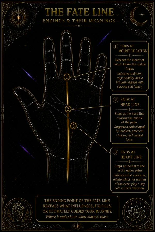 Illustration: a palm showing the fate line in amber, with three possible endpoints marked. The first endpoint is near the base of the middle finger (Saturn mount), labeled 'reaches Saturn.' The second endpoint meets the head line, the horizontal crease crossing the middle of the palm, labeled 'ends at the head line.' The third endpoint meets the heart line, the upper horizontal crease below the fingers, labeled 'ends at the heart line.' The head line and heart line are shown in faint white. The fate line is in amber.