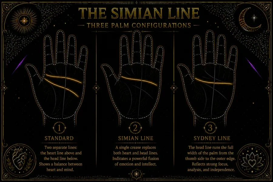 Illustration: three hands shown side by side, each displaying a different palm configuration. The first shows the standard configuration: a heart line across the upper palm in amber and a shorter head line below it in amber, with clear skin between them. The second shows the simian line: a single horizontal crease crossing the full width of the palm in amber, with no separate lines above or below it. The third shows the Sydney line: a head line in amber extending the full width of the palm, with a normal heart line above it also in amber. Each hand is labeled: 'Standard,' 'Simian line,' 'Sydney line.'