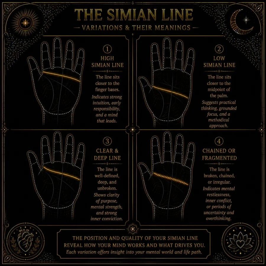 Illustration: four palm diagrams arranged in a 2x2 grid. Top left: a simian line sitting high in the palm, closer to the fingers, labeled 'High placement — emotional register leads.' Top right: a simian line sitting low in the palm, closer to the wrist zone, labeled 'Low placement — intellectual register leads.' Bottom left: a clean, unbroken simian line, labeled 'Deep and clear.' Bottom right: a chained, fragmented simian line showing small loops along its course, labeled 'Chained.' All lines in amber on a palm-skin background.